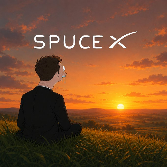 Drooling cartoon Elon sitting in a field at sunset under the SPUCE X wordmark